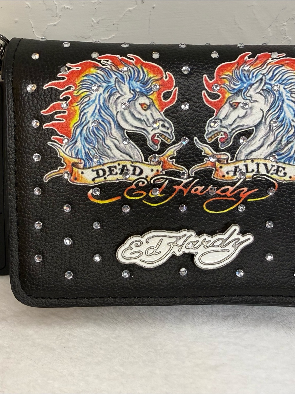 Ed Hardy Black Studdedy 'Dead or Alive' Leather Messenger Bag